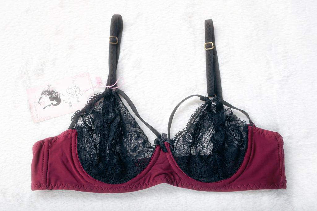 Milana Burlesque Unlined Underwire Bra Dark Red and Black Lace Mesh 34B