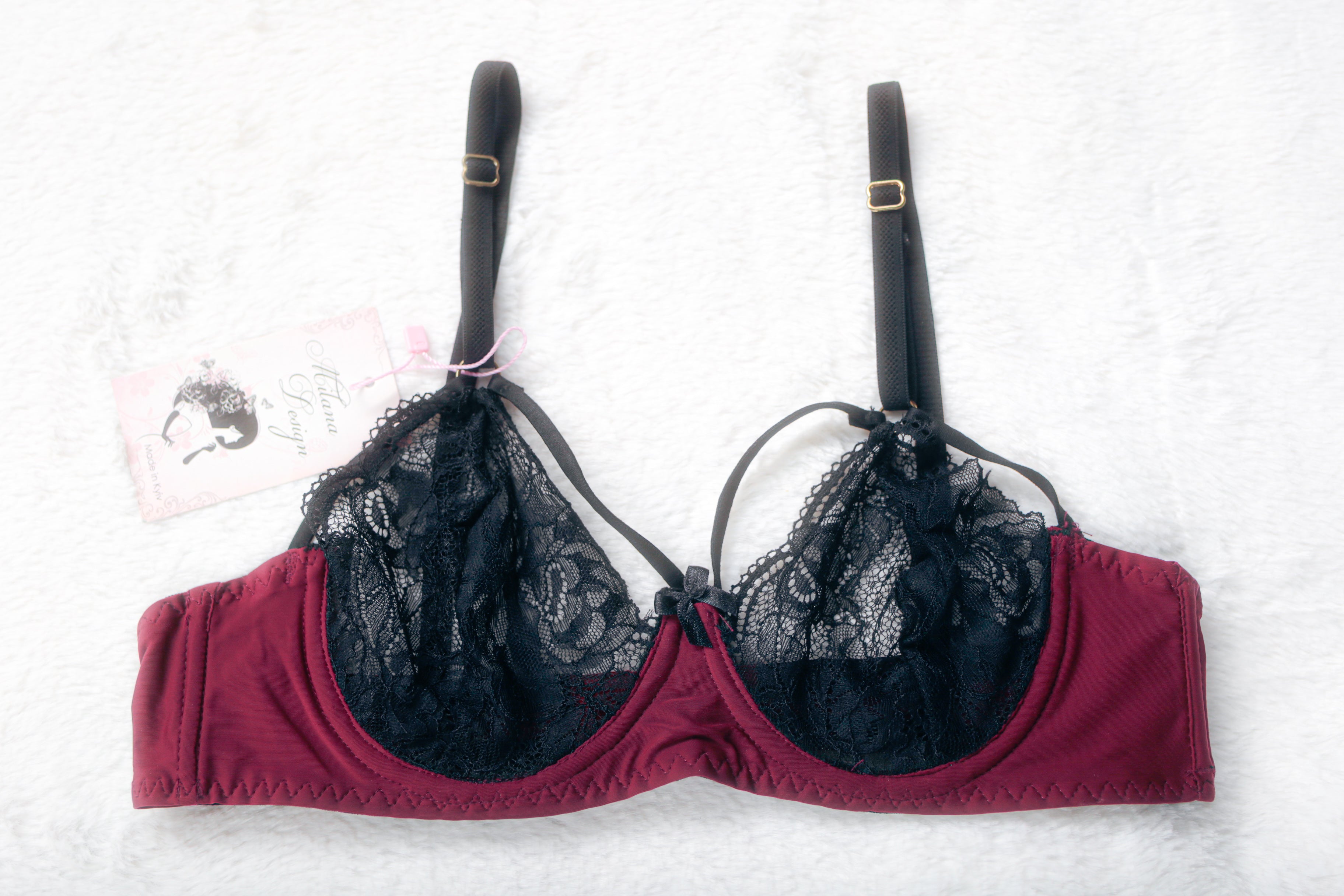 Milana Burlesque Unlined Underwire Bra Dark Red and Black Lace Mesh 34B