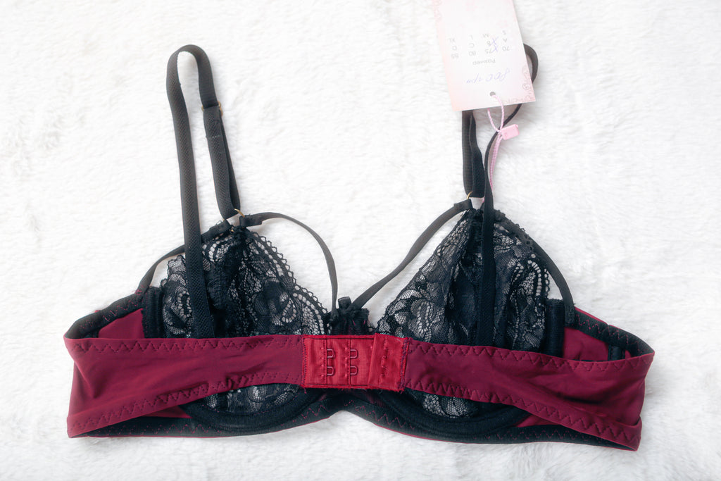 Milana Burlesque Unlined Underwire Bra Dark Red and Black Lace Mesh 34B