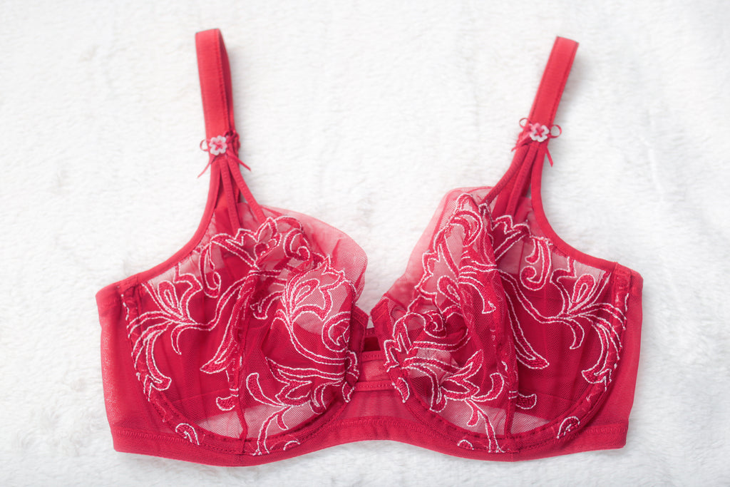 Felina Unlined Floral Semi Sheer Mesh Demi Bra Red Underwire 32DD