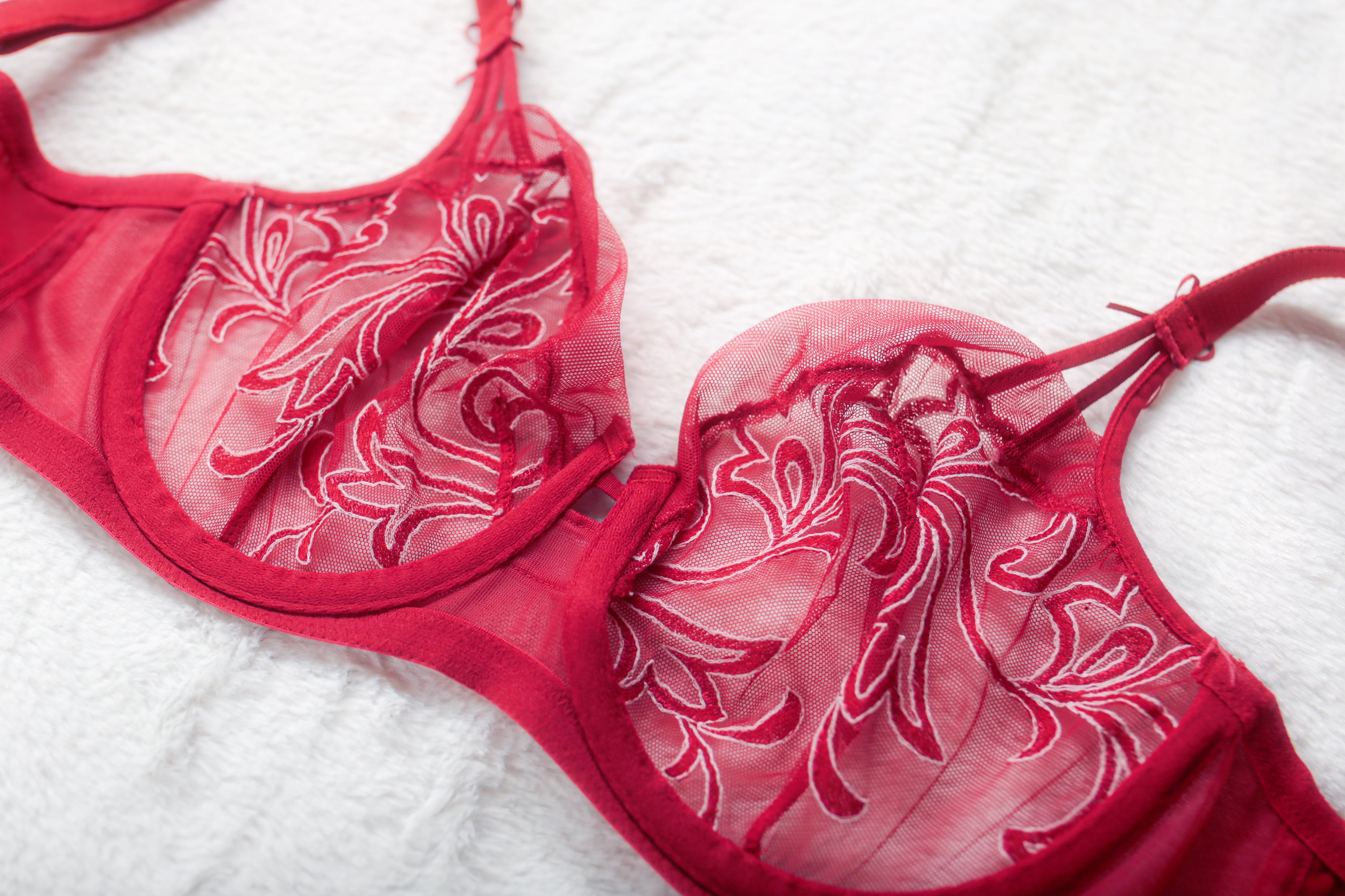 Felina Unlined Floral Semi Sheer Mesh Demi Bra Red Underwire 32DD