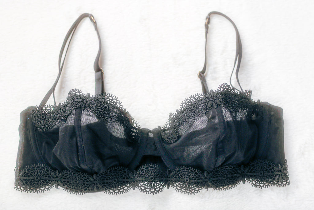 Wolf & Whistle Semi Sheer Unlined Mesh Eyelet Lace Balconette Bra Black 34D