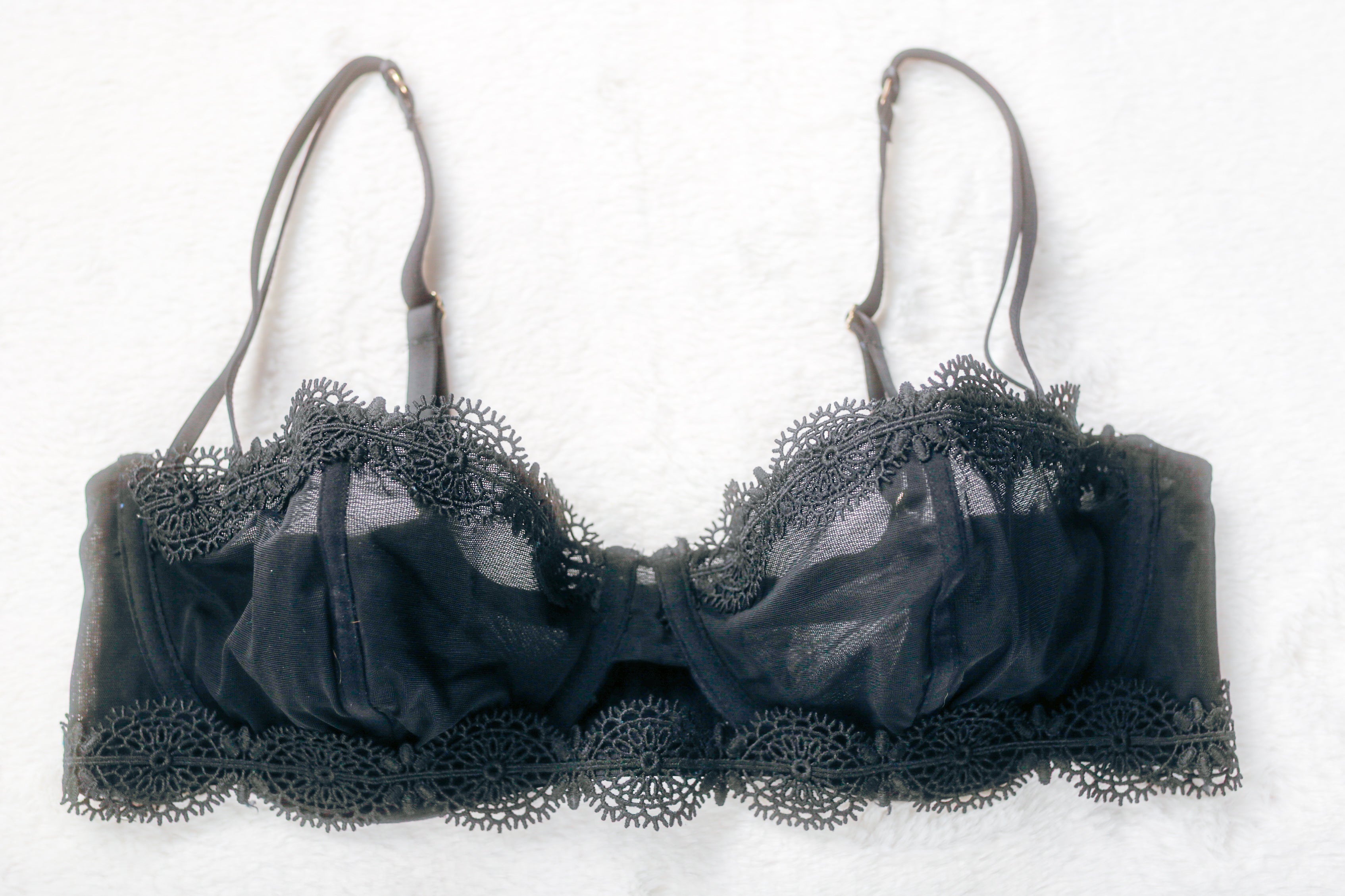 Wolf & Whistle Semi Sheer Unlined Mesh Eyelet Lace Balconette Bra Black 34D