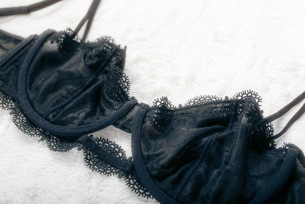 Wolf & Whistle Semi Sheer Unlined Mesh Eyelet Lace Balconette Bra Black 34D