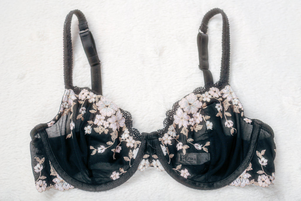 Felina Boho Unlined Floral Semi Sheer Mesh Demi Bra Black Underwire 36C