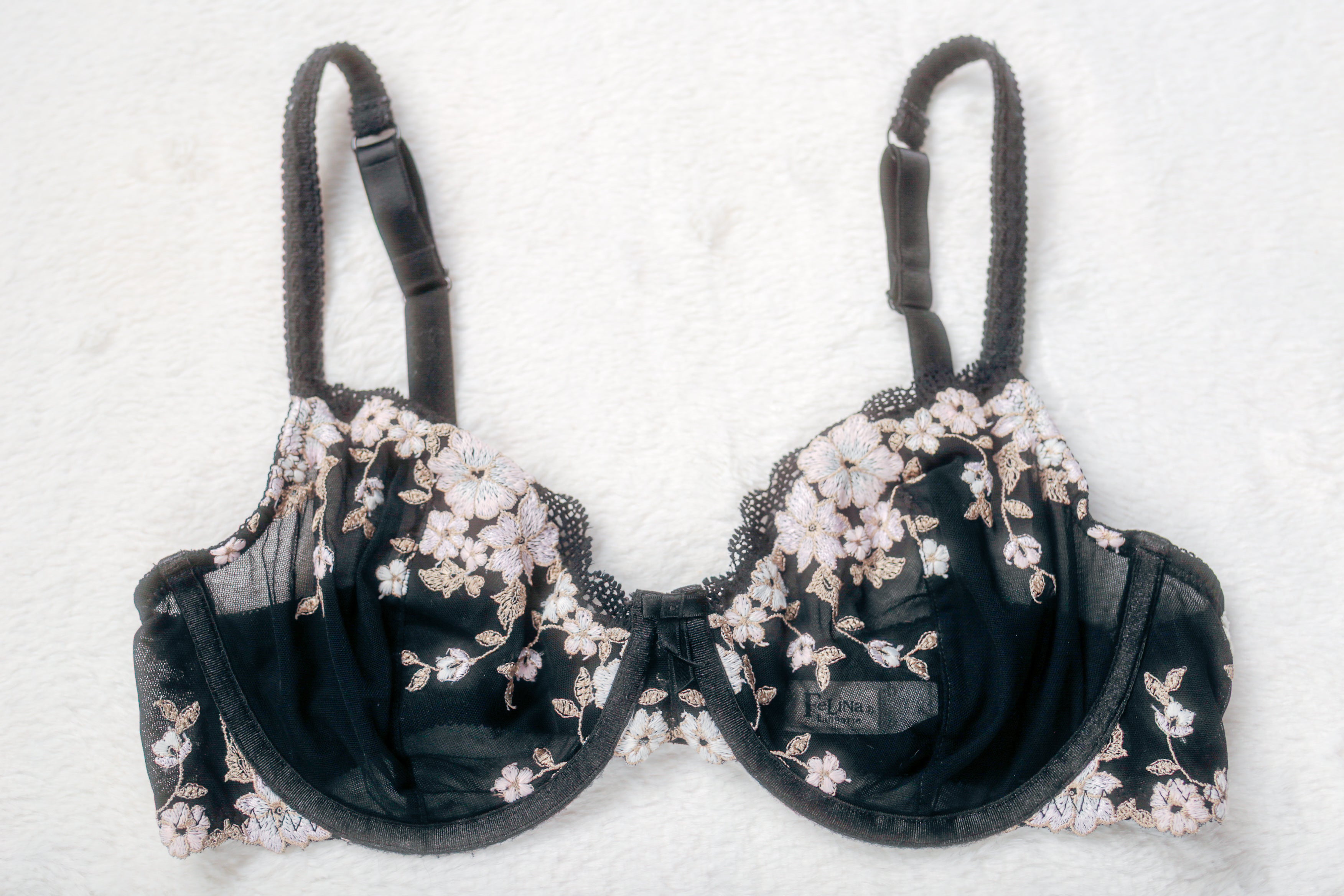 Felina Boho Unlined Floral Semi Sheer Mesh Demi Bra Black Underwire 36C