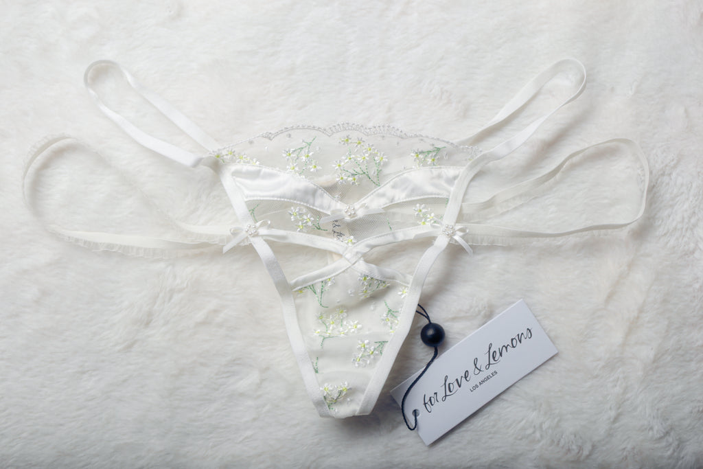 For Love & Lemons Sheer Floral Mesh Lace Strappy Thong Panties Medium NEW