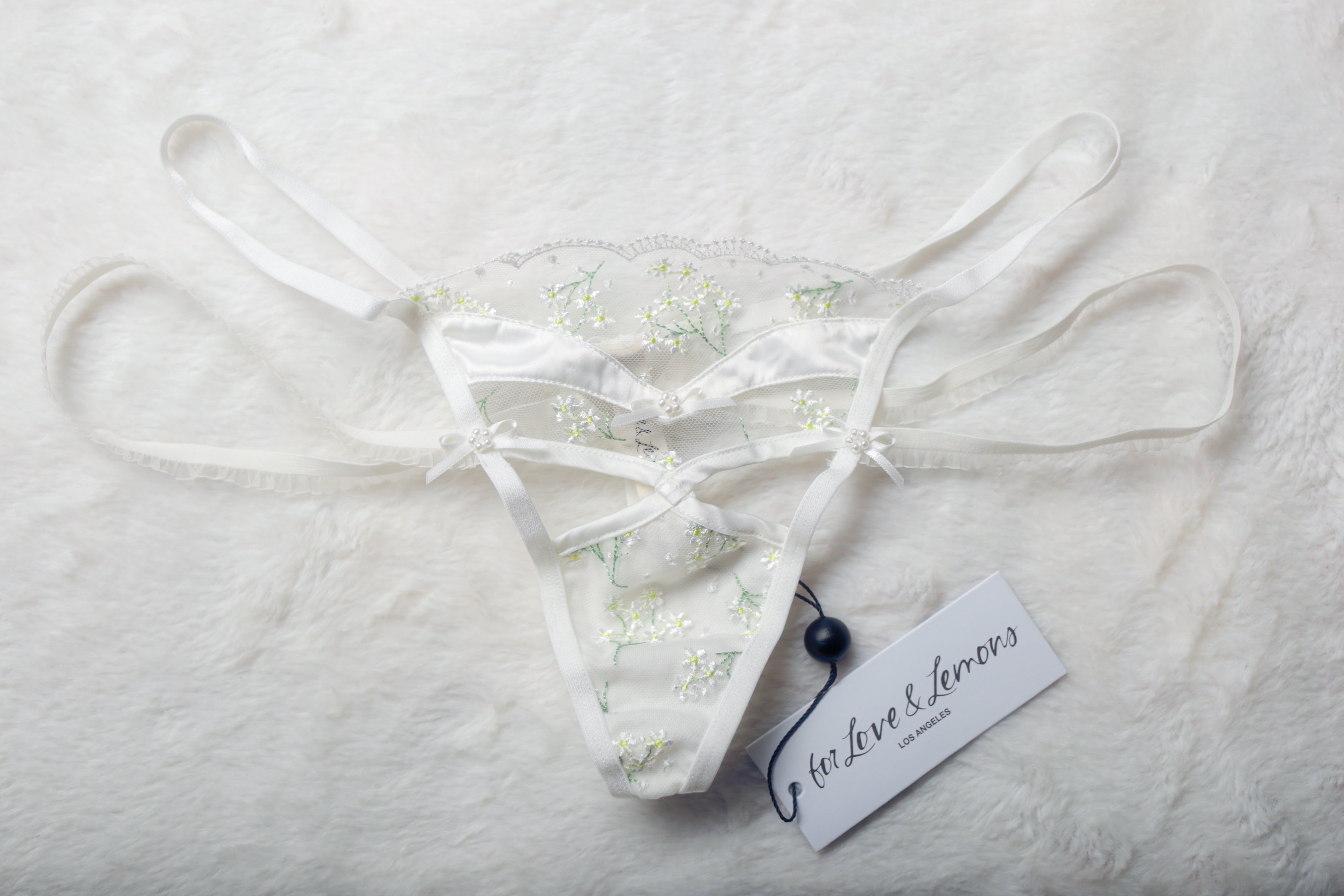 For Love & Lemons Sheer Floral Mesh Lace Strappy Thong Panties Medium NEW