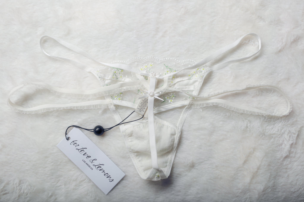 For Love & Lemons Sheer Floral Mesh Lace Strappy Thong Panties Medium NEW