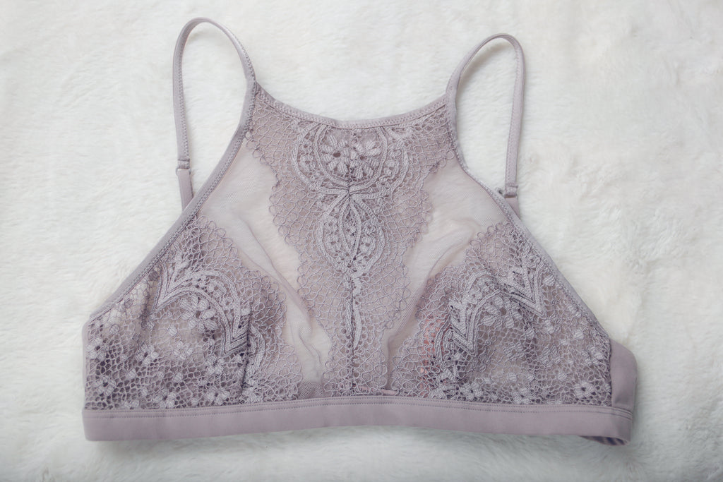 Victoria's Secret Floral Lace Unlined Sheer Wireless Halter Bralette Bra Medium Purple NEW