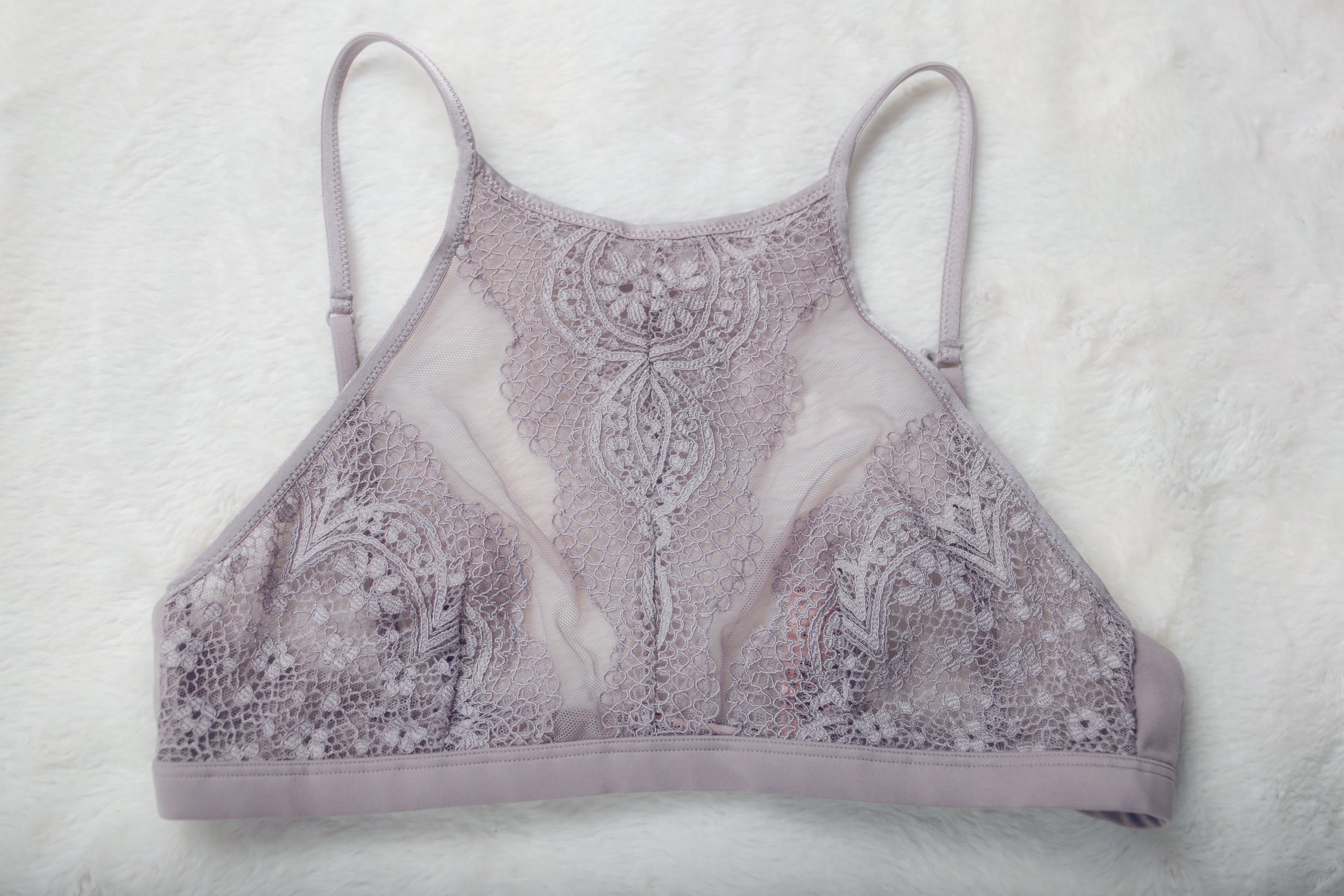 Victoria's Secret Floral Lace Unlined Sheer Wireless Halter Bralette Bra Medium Purple NEW