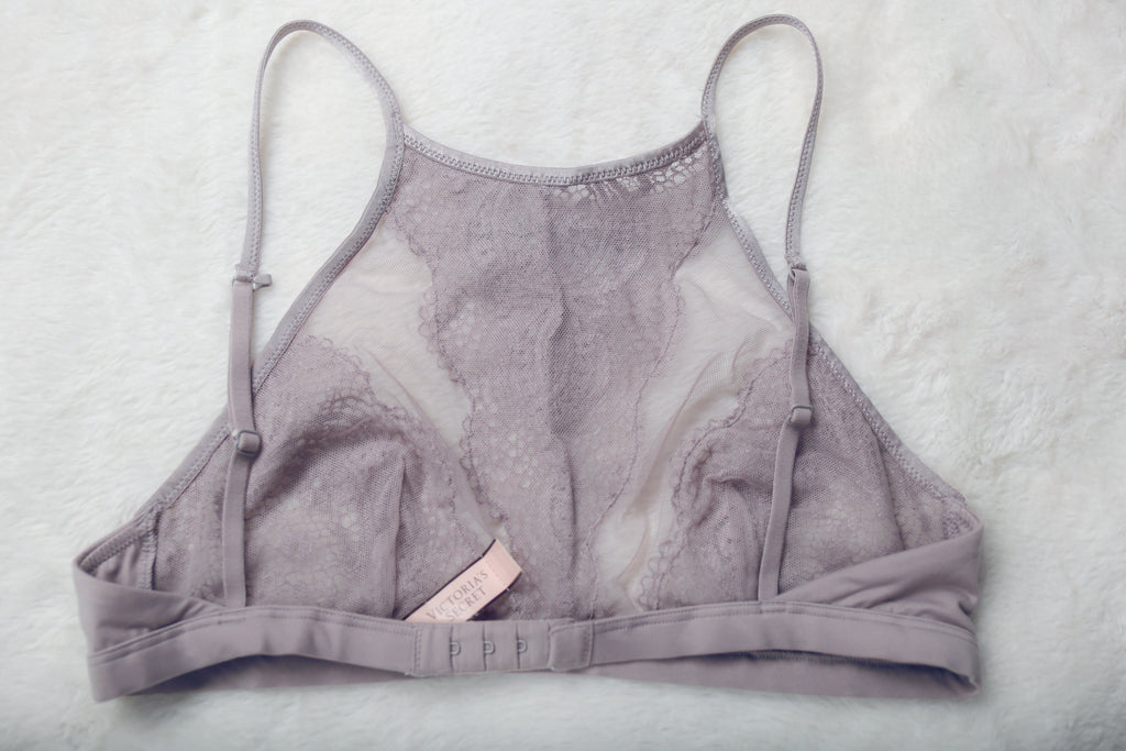Victoria's Secret Floral Lace Unlined Sheer Wireless Halter Bralette Bra Medium Purple NEW