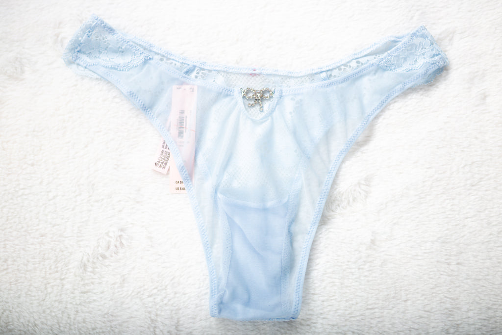 Victoria's Secret Very Sexy Sheer Lace Rhinestone Bow Mesh Brazilian Panty Medium Blue NEW