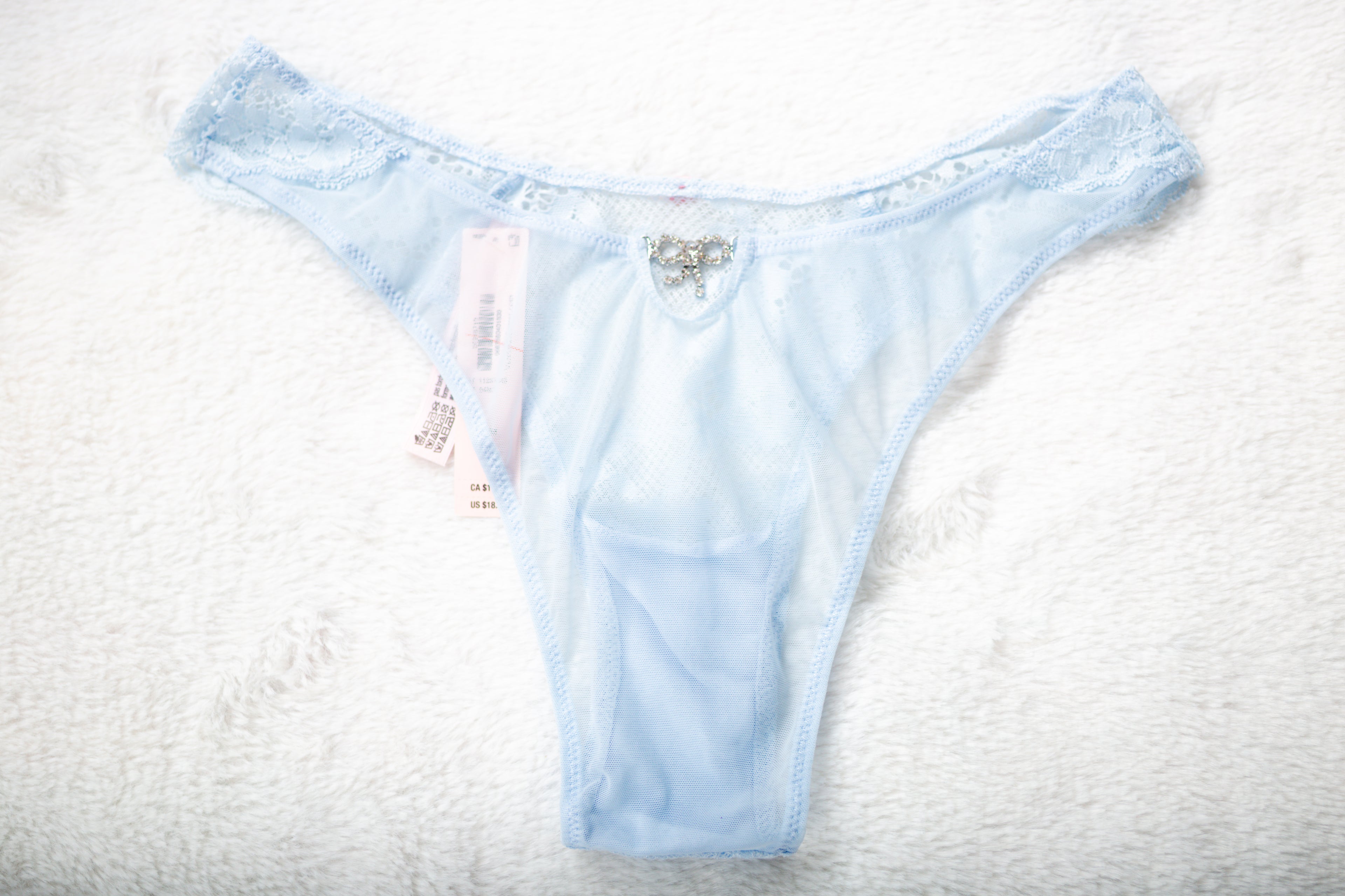 Victoria's Secret Very Sexy Sheer Lace Rhinestone Bow Mesh Brazilian Panty Medium Blue NEW