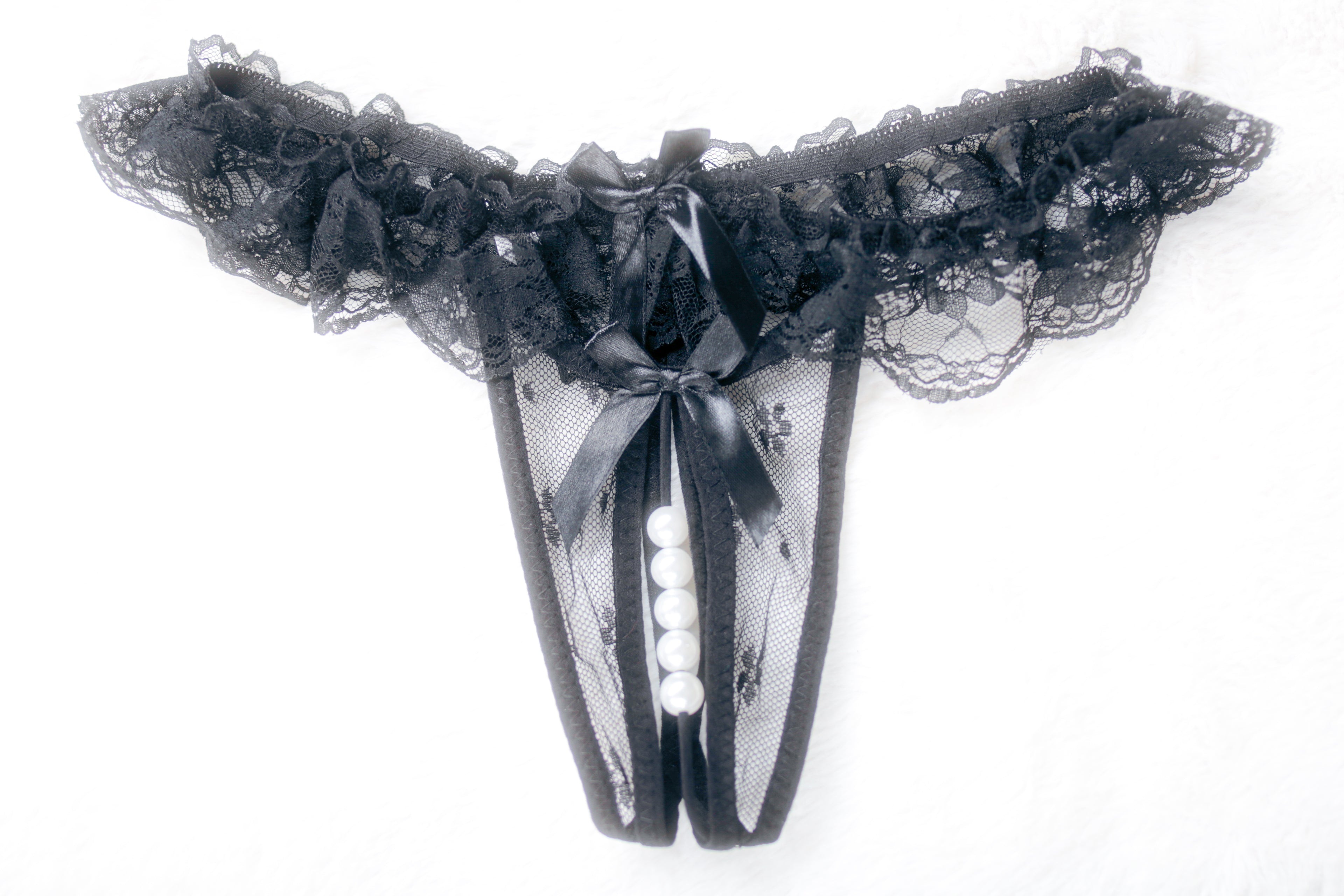 Pearl String Lace G-string Open Crotch Thong Medium Black NEW