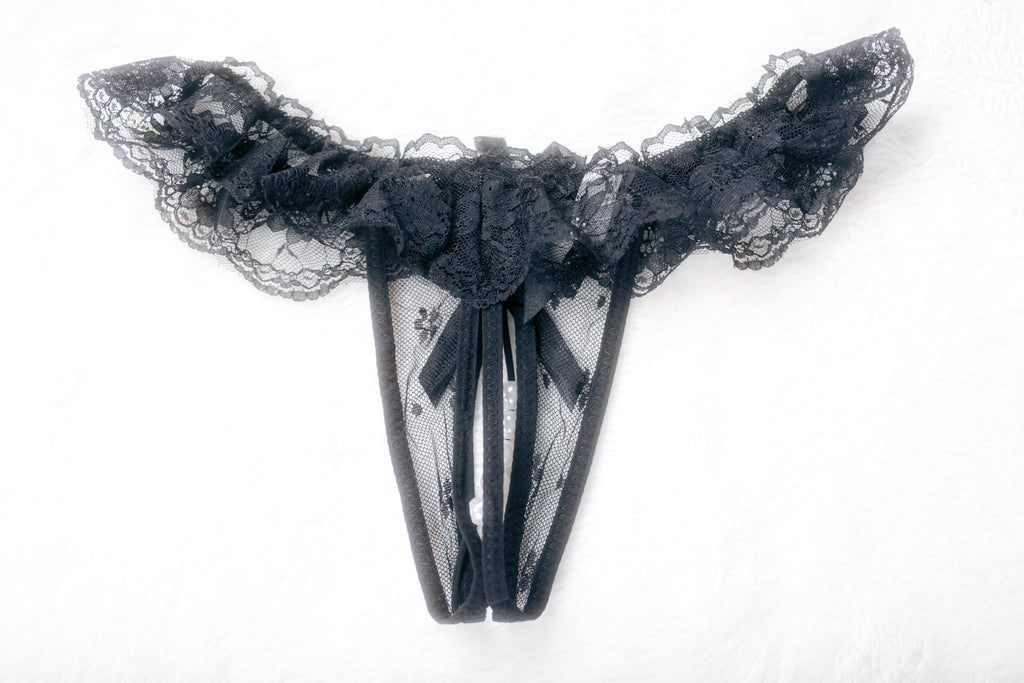 Pearl String Lace G-string Open Crotch Thong Medium Black NEW