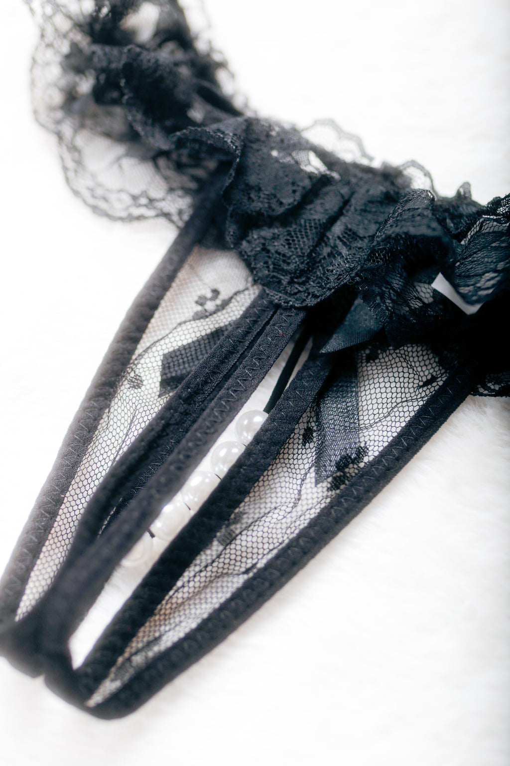 Pearl String Lace G-string Open Crotch Thong Medium Black NEW