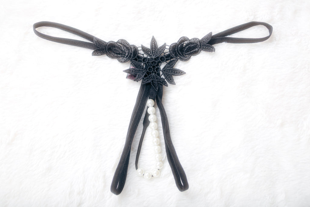 Pearl String G-string Open Crotch Thong Medium Black NEW