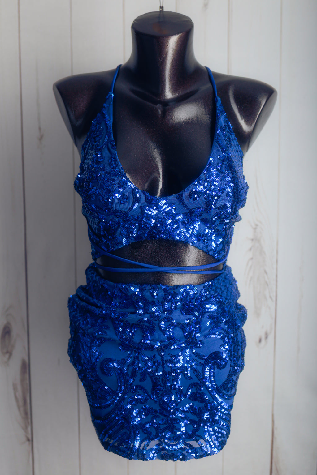 Lucy In The Sky Sequin Bra Top and Mini Skirt Set XS Blue