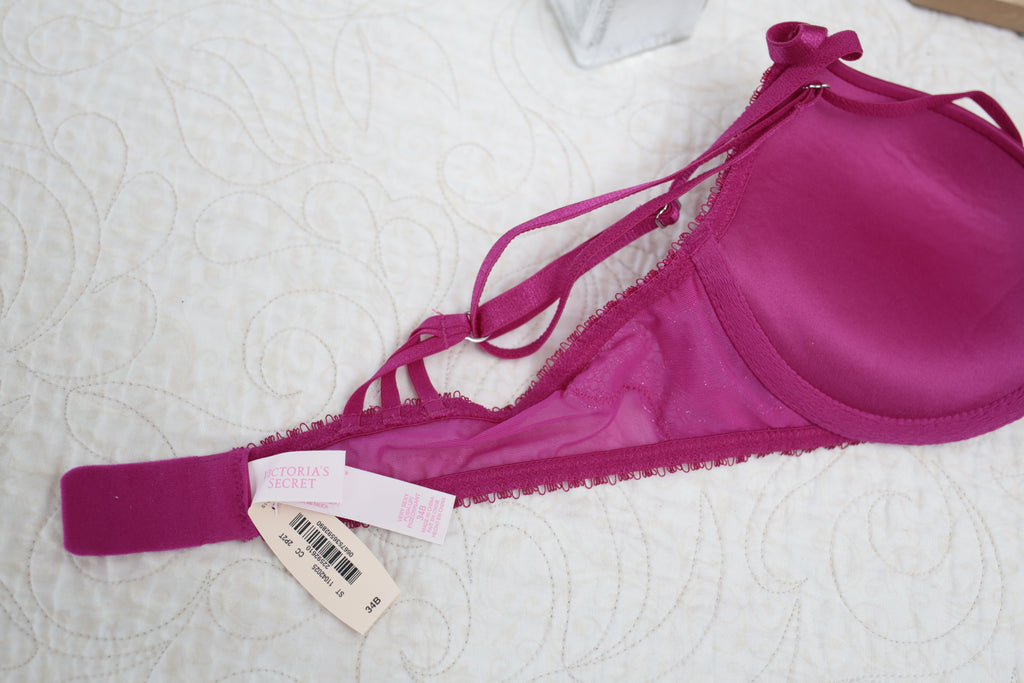 Victoria's Secret 34B Very Sexy Push-up Strappy Demi Plunge Bra Fuchsia Pink NEW