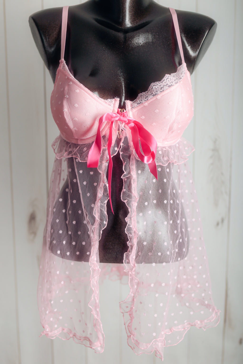 Victoria's Secret Coquettish Pink Fairy Sheer Polka Dot Mesh Babydoll Chemise 36C Y2K