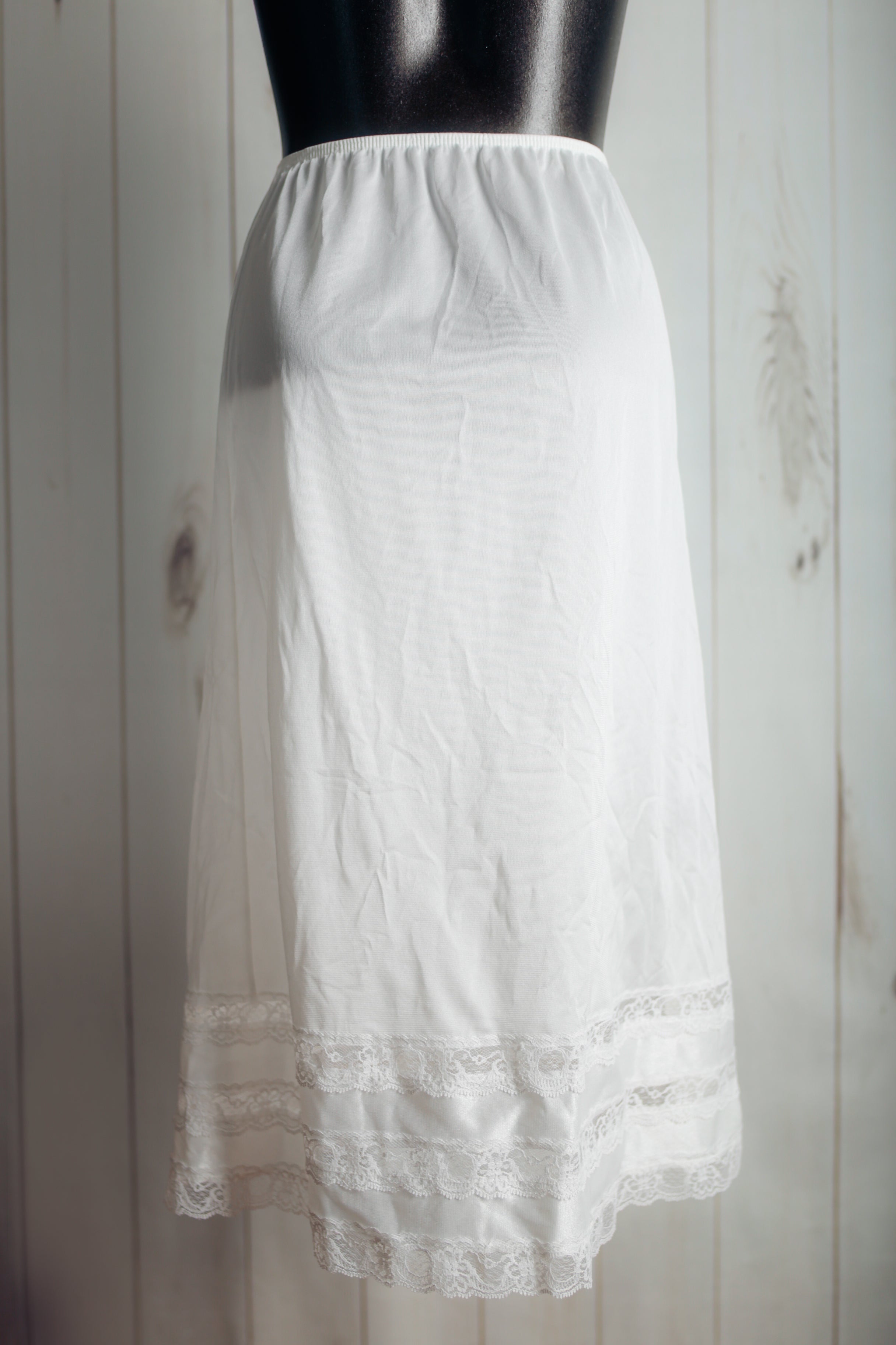 Vintage White Short Soft Satin Half Slip Lace Hem USA-made Small