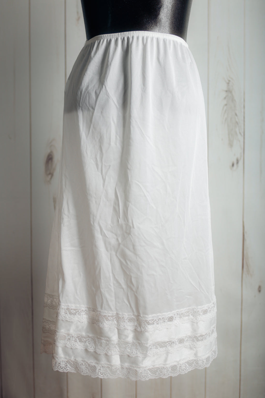 Vintage White Short Soft Satin Half Slip Lace Hem USA-made Small