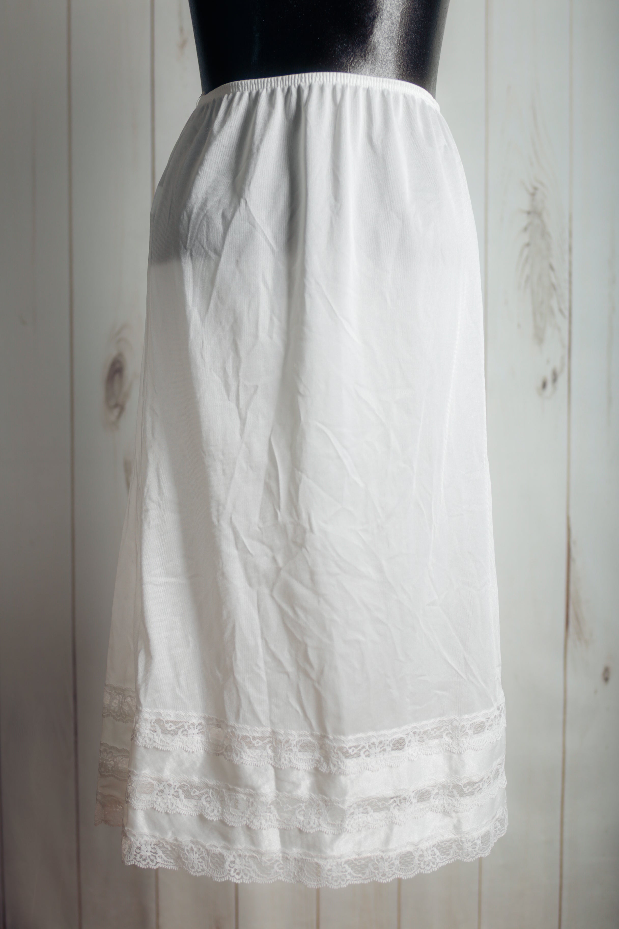 Vintage White Short Soft Satin Half Slip Lace Hem USA-made Small