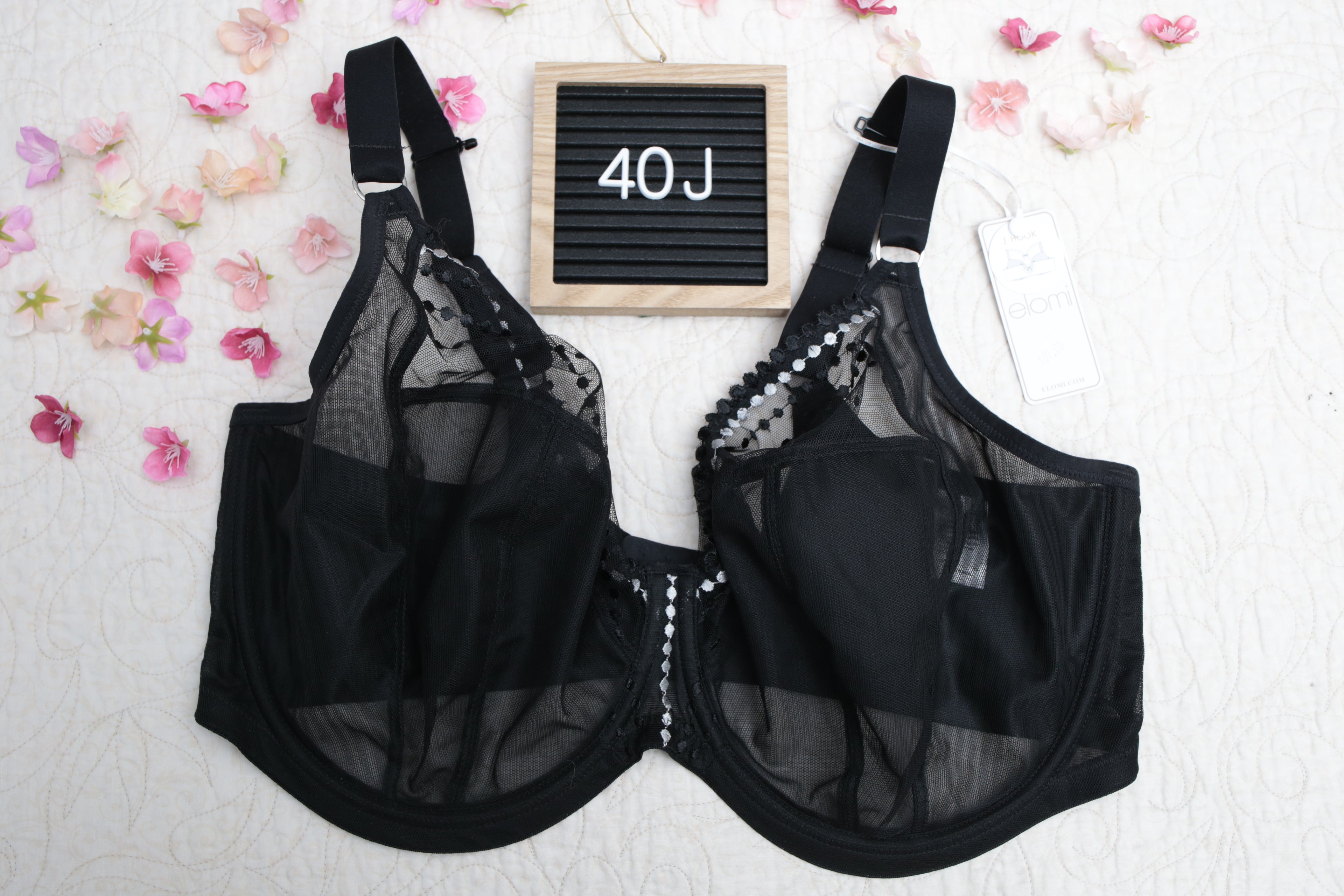 Elomi 40J Matilda EL8900 Underwire Sheer Full-coverage J-hook Bra Black NEW