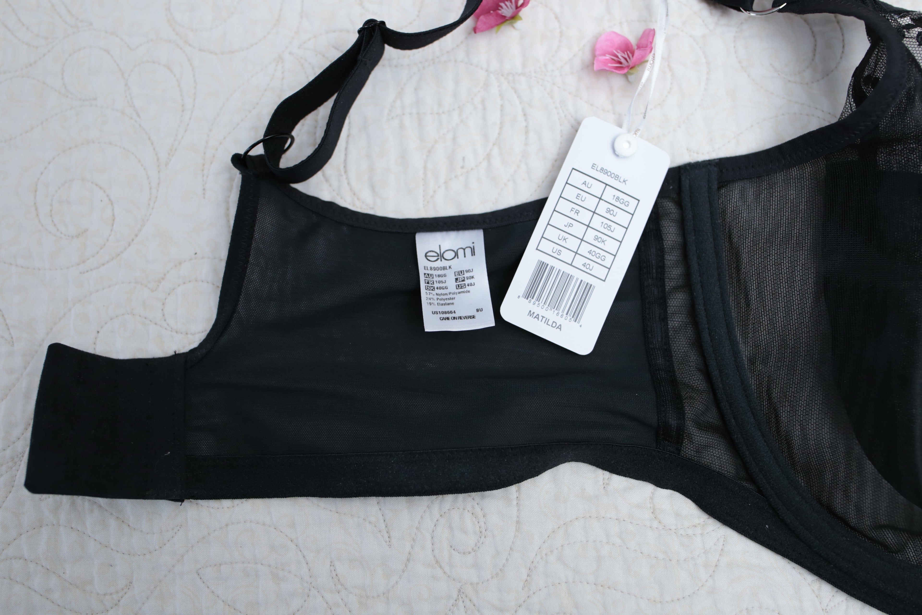 Elomi 40J Matilda EL8900 Underwire Sheer Full-coverage J-hook Bra Black NEW