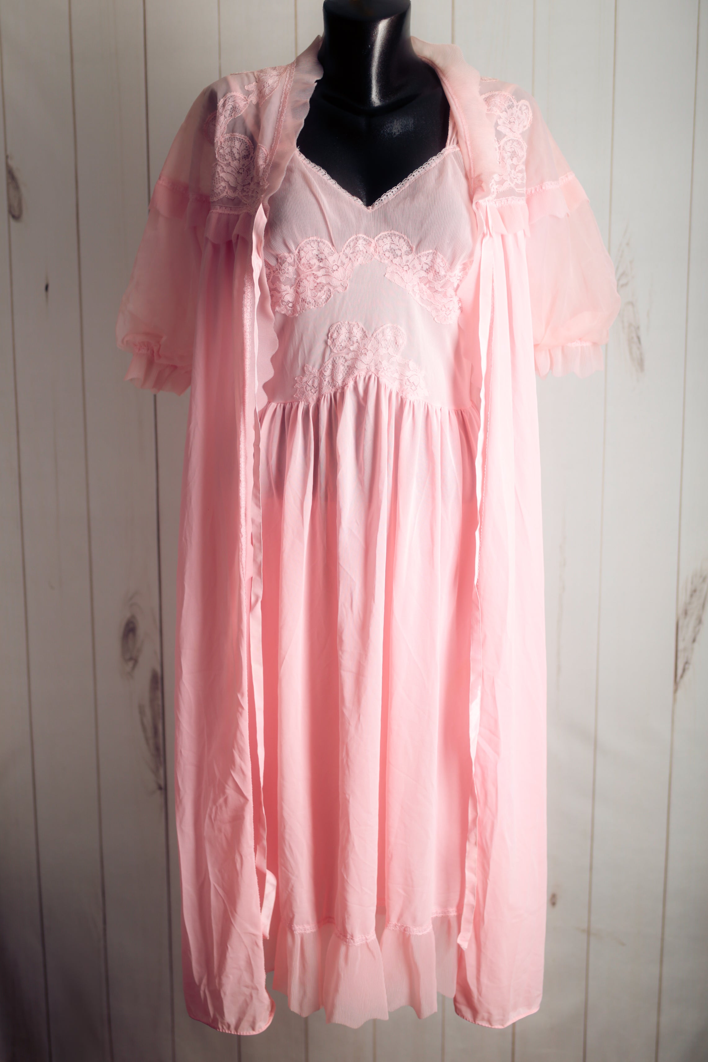 Kayser Luxite Vintage Satin Lace Slip Peignoir Negligee Nightgown Set 36 Medium Pink
