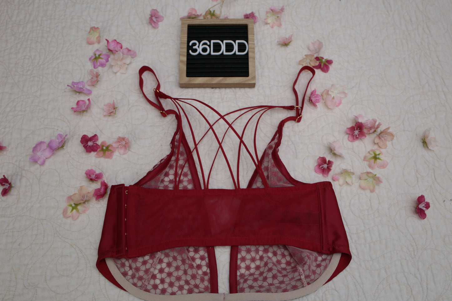 Victoria's Secret 36DDD Unlined Plunge Sheer Bra Red and White Starburst