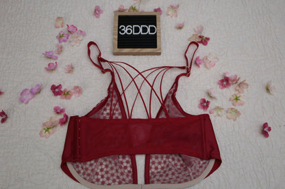 Victoria's Secret 36DDD Unlined Plunge Sheer Bra Red and White Starburst