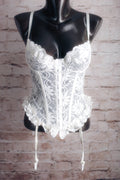 Faris Vintage Boned Unlined Sheer Lace Bustier Chemise Garter Straps Lingerie Medium White