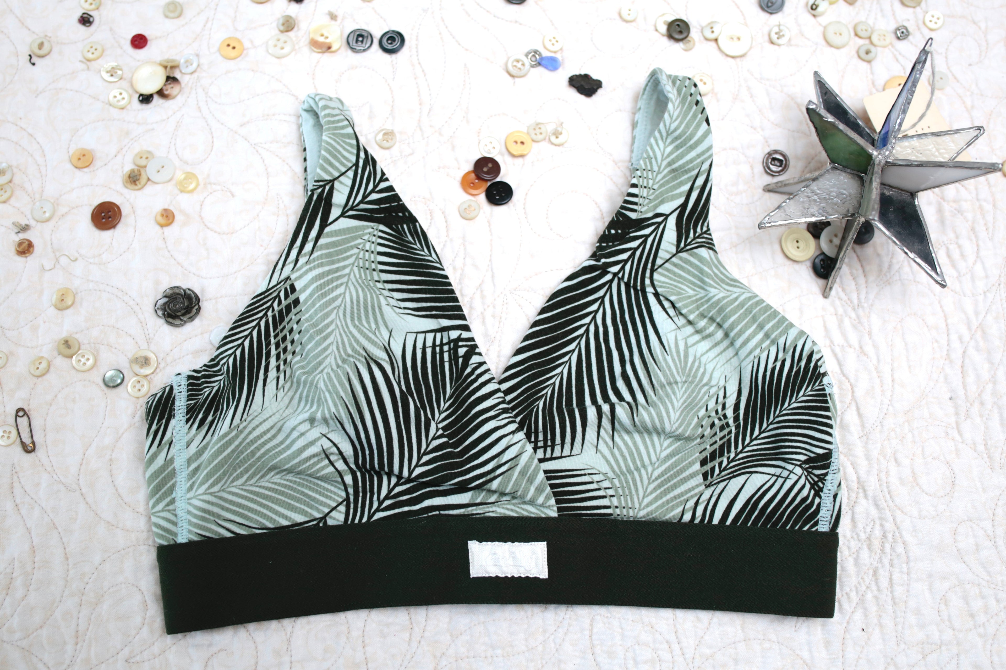 Kindly Soft Unpadded Small Bralette White Green Palm