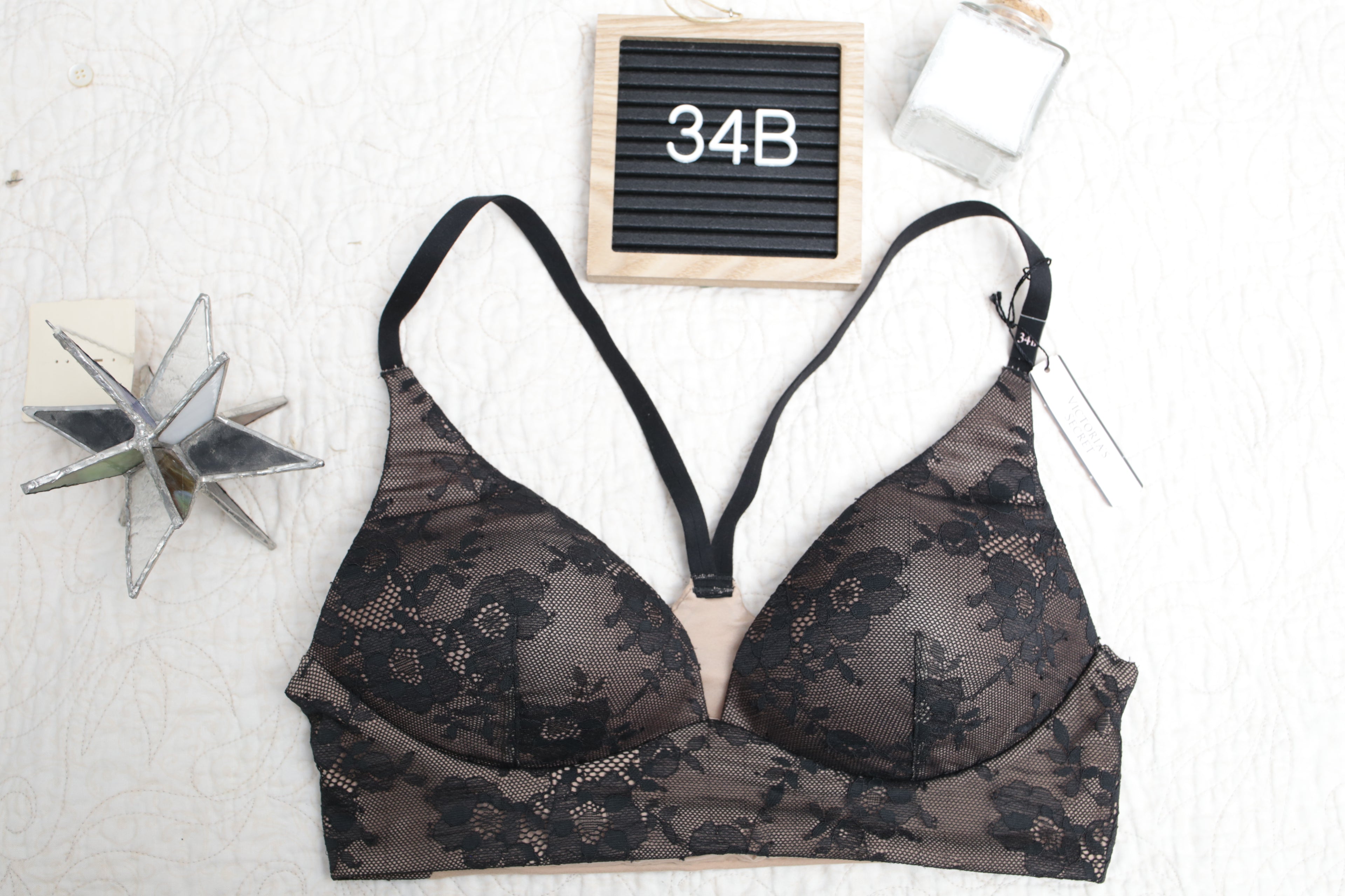 Victoria's Secret 34B Body by Victoria Lined Plunge Racerback Wireless T-shirt Bra Beige Black NEW