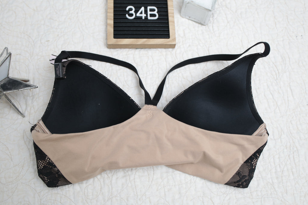 Victoria's Secret 34B Body by Victoria Lined Plunge Racerback Wireless T-shirt Bra Beige Black NEW