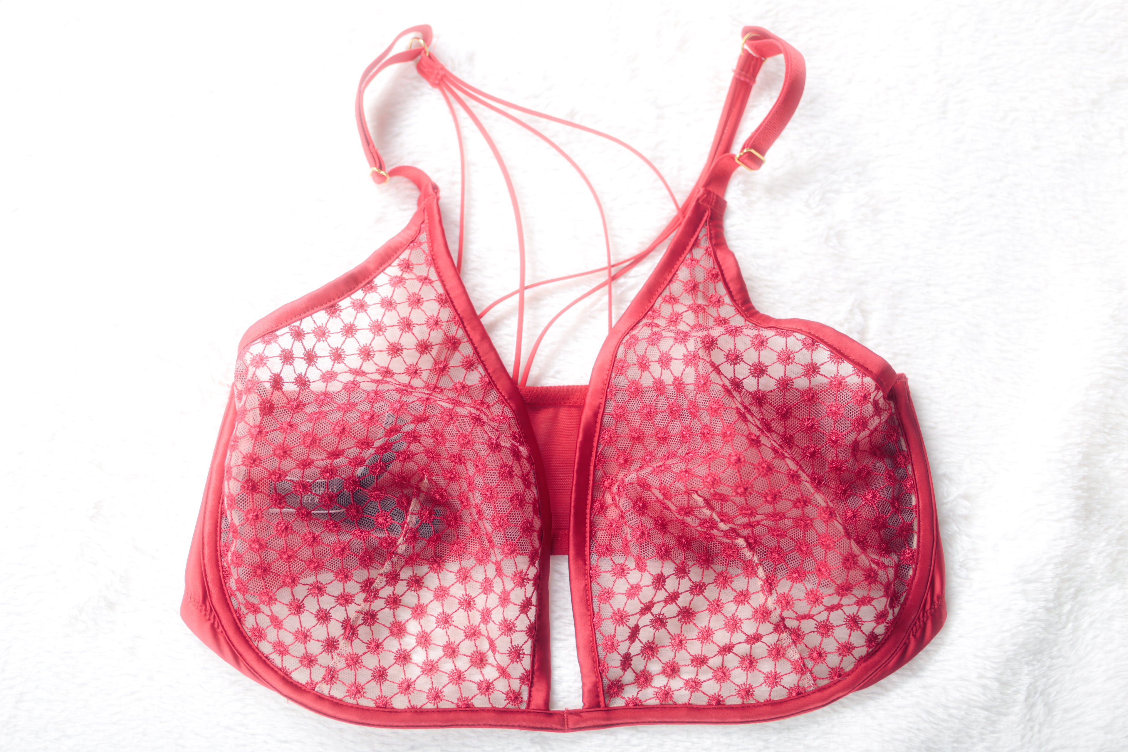 Victoria's Secret Unlined Plunge Sheer Bra 36DDD Red and White Starburst