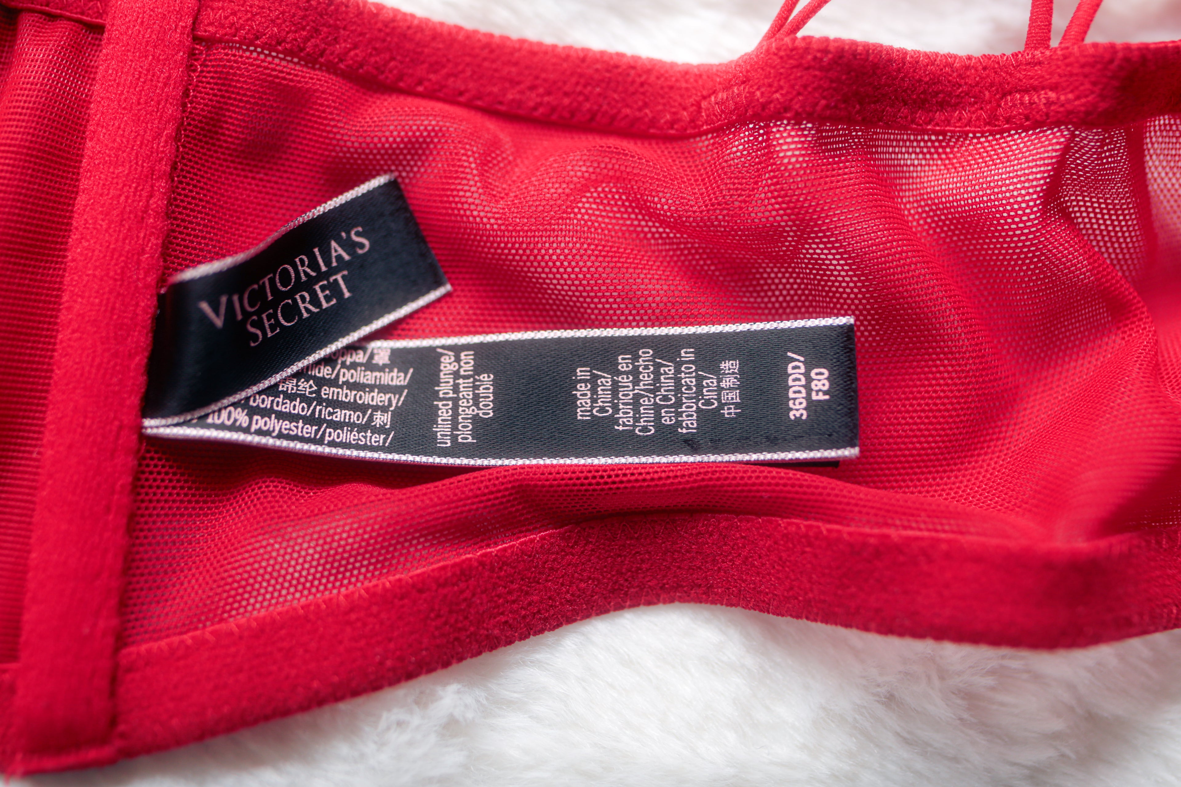 Victoria's Secret Unlined Plunge Sheer Bra 36DDD Red and White Starburst