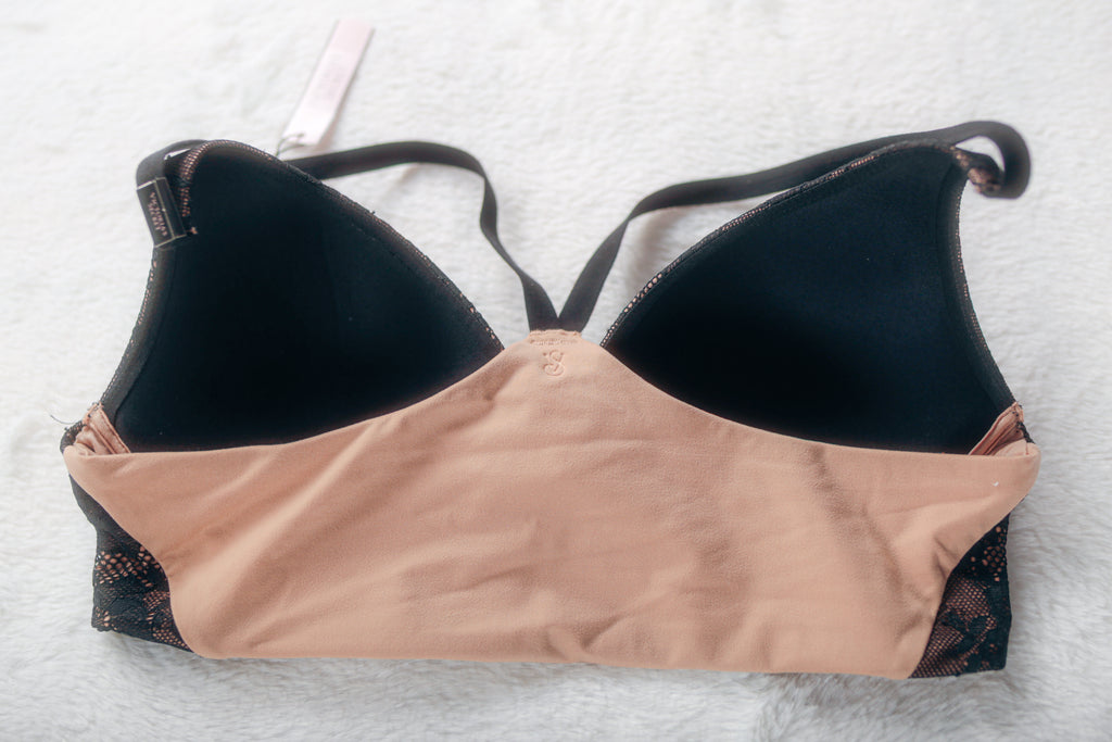 Victoria's Secret Body by Victoria Lined Plunge Racerback Wireless T-shirt Bra 34B Beige Black NEW