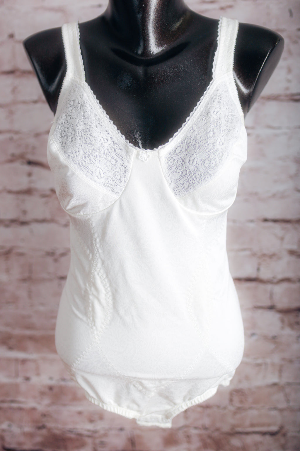 Adonna Vintage Unlined Satin Lace Shaping Compression Bodysuit 38C White