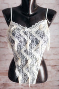 Faris Vintage Sheer Lace 80s High Cut Thong Teddy Lingerie Small White
