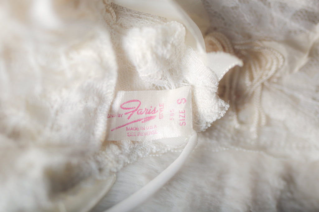 Faris Vintage Sheer Lace 80s High Cut Thong Teddy Lingerie Small White