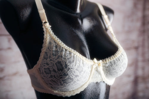 Vintage Unlined Sheer Lace Demi Bra 36B Ivory