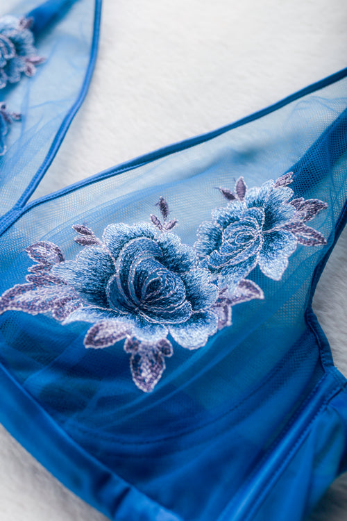 Understance Unlined Sheer Mesh Embroidered Floral Underwire Bra 34C Blue