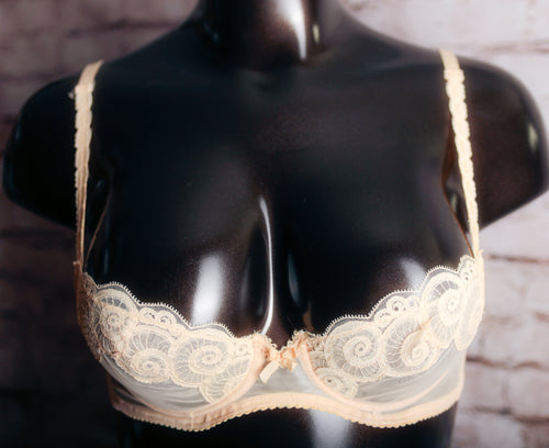 Etaco Vintage French Unlined Sheer Lace Underwire Bra 36DD 80E Beige