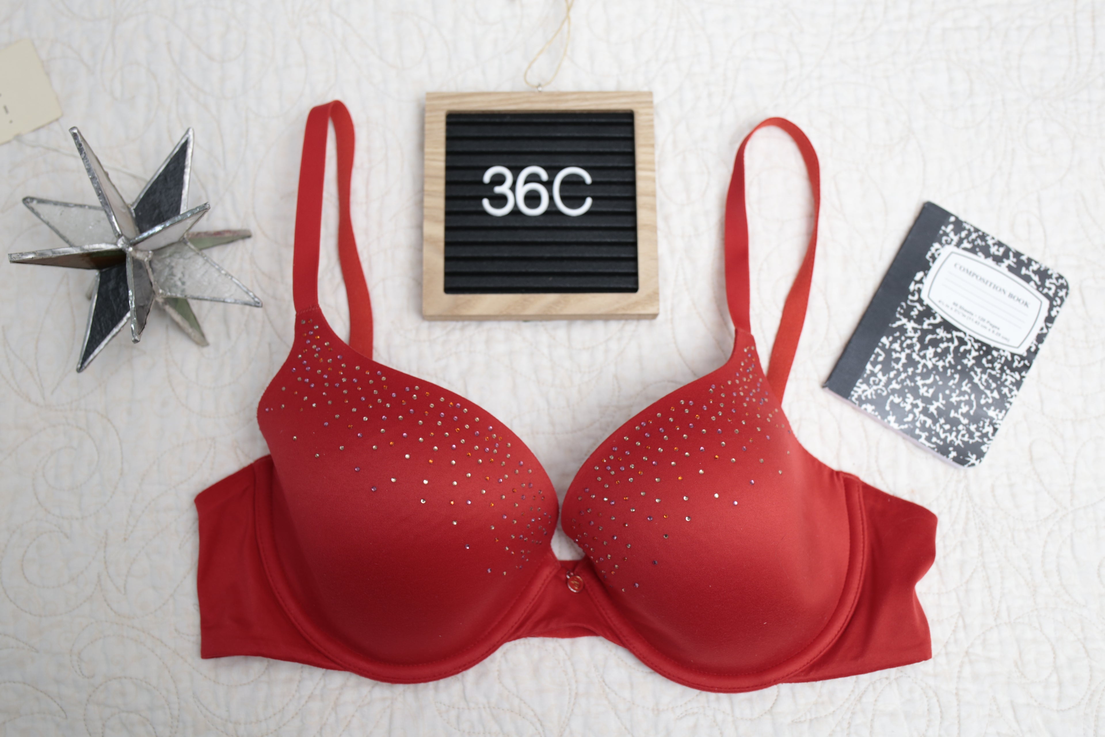 Victoria's Secret 36C Lined Demi Underwire Bra Red Rhinestone