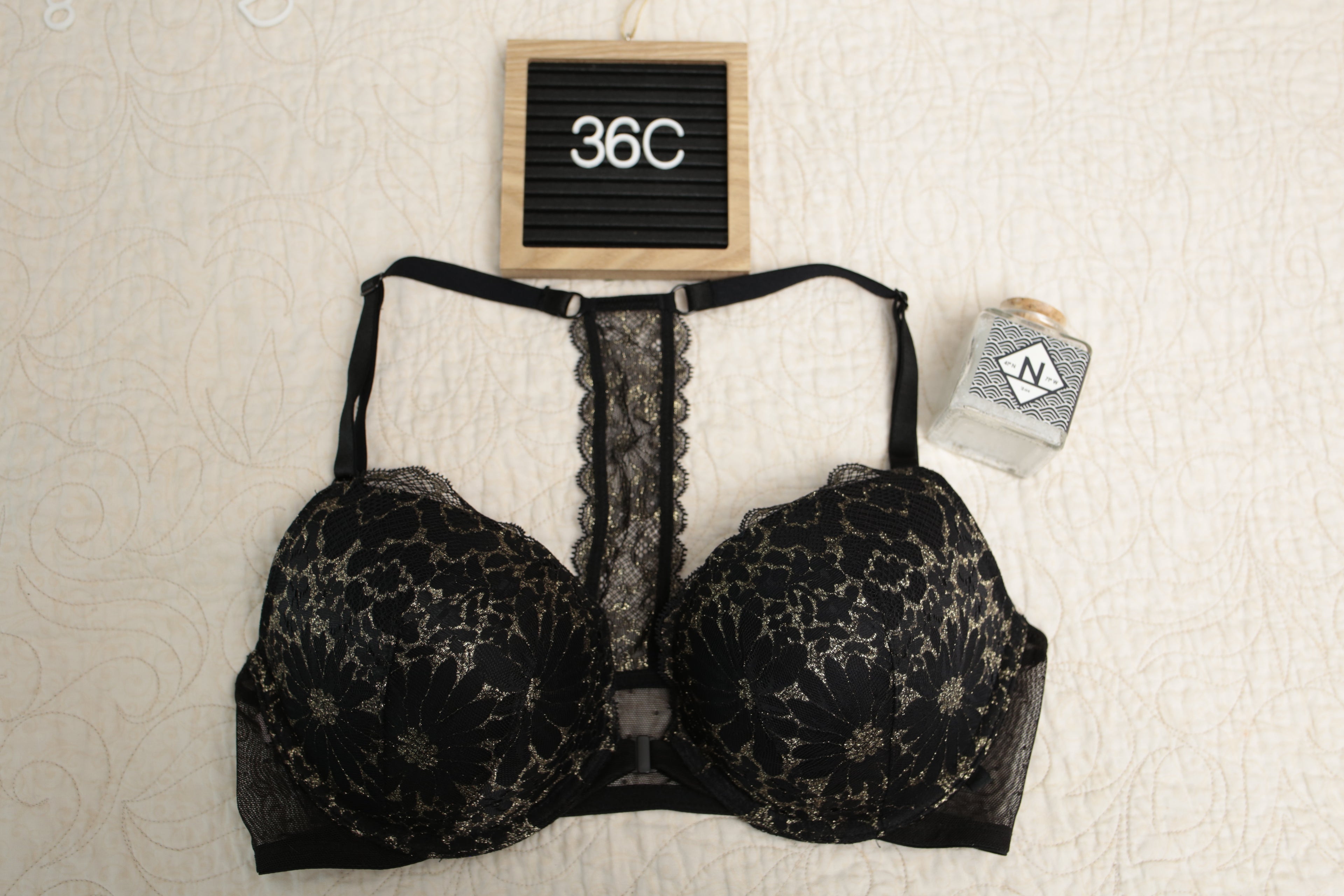 Victoria's Secret 36C Push-up Front Closure Racerback Bra Black and Gold Lace