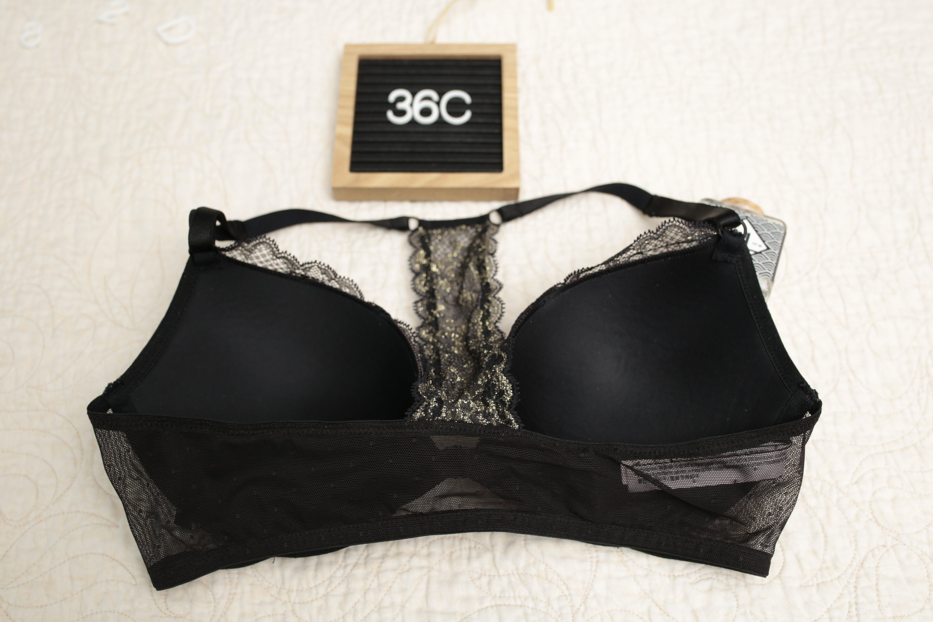 Victoria's Secret 36C Push-up Front Closure Racerback Bra Black and Gold Lace